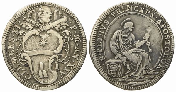 STATO PONTIFICIO. Roma. Clemente XI (1700 - 1721). Giulio, anno XIV San pietro. Ag (2,91 g; 24,9 mm)  - Asta Monete e medaglie medievali e moderne italiane ed estere - Associazione Nazionale - Case d'Asta italiane