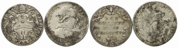 STATO PONTIFICIO. Roma. Lotto composto da n. 2 esemplari. Clemente XI (1700 - 1721). Giulio anno VIII - Pio VI (1775 - 1799). Doppio giulio 1779. Ag (5,26 g; 25,50) (2,53 g; 23,85 mm)  - Asta Monete e medaglie medievali e moderne italiane ed estere - Associazione Nazionale - Case d'Asta italiane