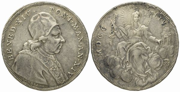 STATO PONTIFICIO. Roma. Benedetto XIV (1740 - 1758). Scudo romano 1754. Ag (26,35 g; 41,7 mm)  - Asta Monete e medaglie medievali e moderne italiane ed estere - Associazione Nazionale - Case d'Asta italiane