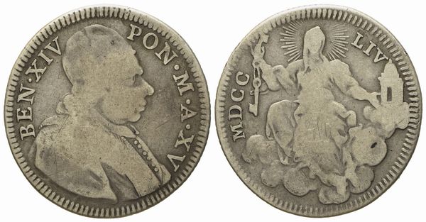 STATO PONTIFICIO. Roma. Benedetto XIV (1740 - 1758). Doppio giulio 1754, anno XV. Ag (g 4,97; mm 26,3).  - Asta Monete e medaglie medievali e moderne italiane ed estere - Associazione Nazionale - Case d'Asta italiane