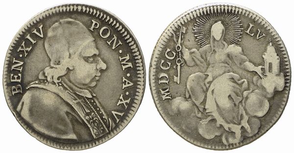 STATO PONTIFICIO. Roma. Benedetto XIV (1740 - 1758). Doppio giulio 1755, anno XV. Ag (g 5,12; mm 26).  - Asta Monete e medaglie medievali e moderne italiane ed estere - Associazione Nazionale - Case d'Asta italiane