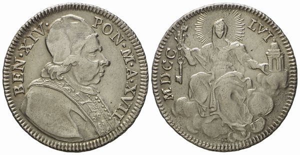 STATO PONTIFICIO. Roma. Benedetto XIV (1740 - 1758). Doppio giulio 1756, anno XVII. Ag (g 5,20; mm 26).  - Asta Monete e medaglie medievali e moderne italiane ed estere - Associazione Nazionale - Case d'Asta italiane