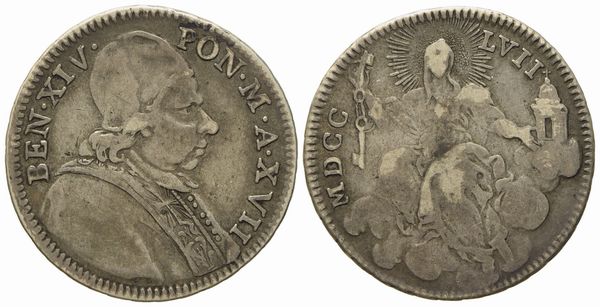 STATO PONTIFICIO. Roma. Benedetto XIV (1740 - 1758). Doppio giulio 1757, anno XVII Tempio con crocetta. Ag (g 5,11; mm 26).  - Asta Monete e medaglie medievali e moderne italiane ed estere - Associazione Nazionale - Case d'Asta italiane