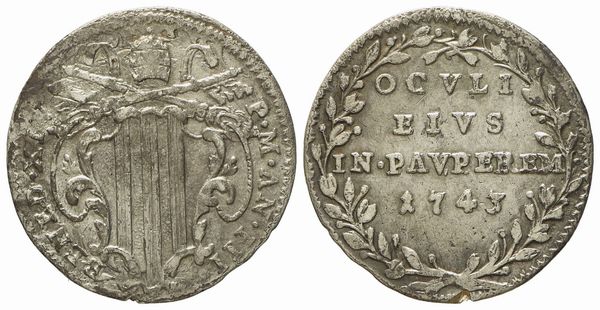 STATO PONTIFICIO. Roma. Benedetto XIV (1740 - 1758). Grosso 1743, anno III. Ag (g 1,29; mm 19).  - Asta Monete e medaglie medievali e moderne italiane ed estere - Associazione Nazionale - Case d'Asta italiane