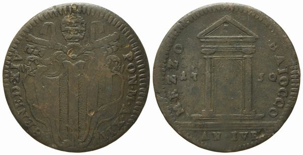 STATO PONTIFICIO. Roma. Benedetto XIV (1740 - 1758). Mezzo baiocco 1750, anno XII Giubileo. Cu (g 6,03; mm 27).  - Asta Monete e medaglie medievali e moderne italiane ed estere - Associazione Nazionale - Case d'Asta italiane