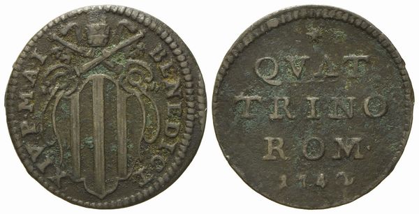 STATO PONTIFICIO. Roma. Benedetto XIV (1740 - 1758).  Quattrino 1742, anno I. Cu (g 2,25; mm 20).  - Asta Monete e medaglie medievali e moderne italiane ed estere - Associazione Nazionale - Case d'Asta italiane