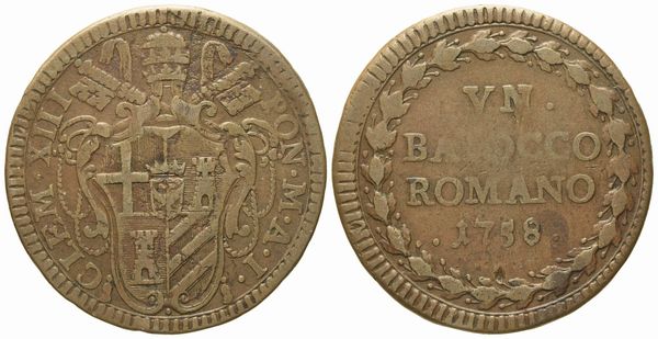 STATO PONTIFICIO. Roma. Clemente XIII (1758 - 1769). Baiocco 1758. Cu (g 10,45; mm 32,4).  - Asta Monete e medaglie medievali e moderne italiane ed estere - Associazione Nazionale - Case d'Asta italiane