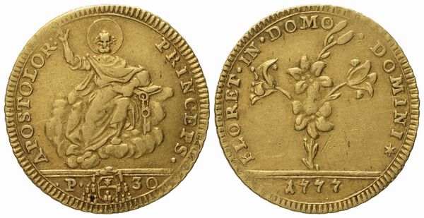 STATO PONTIFICIO. Roma. Pio VI (1775 - 1799). Doppia romana 1777. Au (5,53 g; 23 mm)  - Asta Monete e medaglie medievali e moderne italiane ed estere - Associazione Nazionale - Case d'Asta italiane