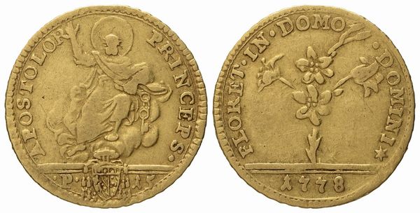 STATO PONTIFICIO. Roma. Pio VI (1775 - 1799). Mezza doppia romana 1778. Au (2,67 g; 20 mm)  - Asta Monete e medaglie medievali e moderne italiane ed estere - Associazione Nazionale - Case d'Asta italiane