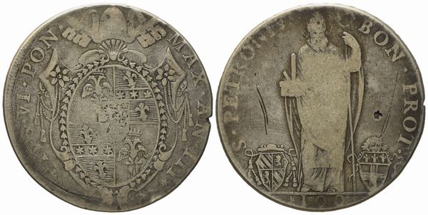 STATO PONTIFICIO. Bologna. Pio VI (1775 - 1799). Scudo romano da 100 bolognini 1777, anno III. Ag (25,9 g; 40,5 mm)  - Asta Monete e medaglie medievali e moderne italiane ed estere - Associazione Nazionale - Case d'Asta italiane