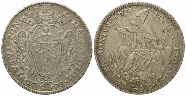 STATO PONTIFICIO. Bologna. Pio VI (1775 - 1799). Mezzo scudo romano 1778, anno IIII. Ag (13,36 g; 35,4 mm)  - Asta Monete e medaglie medievali e moderne italiane ed estere - Associazione Nazionale - Case d'Asta italiane