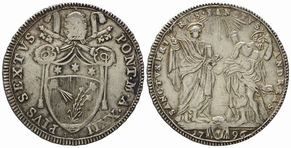 STATO PONTIFICIO. Roma. Pio VI (1775 - 1799). Testone 1796, anno XXII. Ag (g 7,87; mm 29,7).  - Asta Monete e medaglie medievali e moderne italiane ed estere - Associazione Nazionale - Case d'Asta italiane