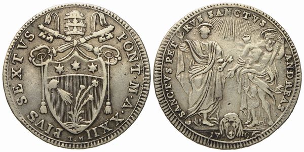 STATO PONTIFICIO. Roma. Pio VI (1775 - 1799). Testone 1796. Ag (7,85 g; 30,07 m).  - Asta Monete e medaglie medievali e moderne italiane ed estere - Associazione Nazionale - Case d'Asta italiane