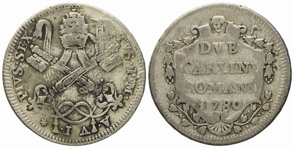 STATO PONTIFICIO. Roma. Pio VI (1775 - 1799). 2 carlini romani 1780, anno VI. Mi (g 5,42; mm 27,9).  - Asta Monete e medaglie medievali e moderne italiane ed estere - Associazione Nazionale - Case d'Asta italiane