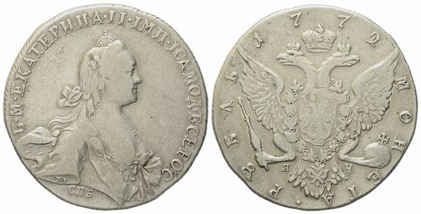 RUSSIA. San Pietroburgo. Caterina II (1762-1796). Rublo 1772. Ag (25,15 g; 37,5 mm)  - Asta Monete e medaglie medievali e moderne italiane ed estere - Associazione Nazionale - Case d'Asta italiane