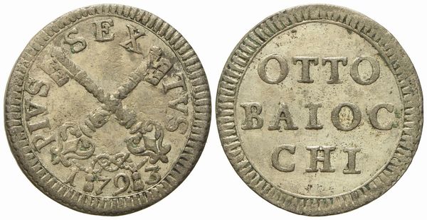 STATO PONTIFICIO. Roma. Pio VI (1775 - 1799). 8 Baiocchi 1793. Mi (g 4,94; mm 25,3).  - Asta Monete e medaglie medievali e moderne italiane ed estere - Associazione Nazionale - Case d'Asta italiane