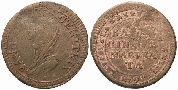 STATO PONTIFICIO. Macerata. Pio VI (1775 - 1799). 5 baiocchi 1797.  Cu (15,21 g; 31,85 mm).  - Asta Monete e medaglie medievali e moderne italiane ed estere - Associazione Nazionale - Case d'Asta italiane