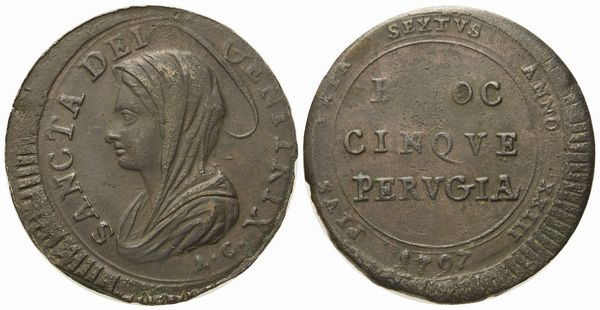 STATO PONTIFICIO. Perugia. Pio VI (1775 - 1799). 5 baiocchi 1797. Inc. A.C.. Cu (13,01 g; 31,16 mm).  - Asta Monete e medaglie medievali e moderne italiane ed estere - Associazione Nazionale - Case d'Asta italiane