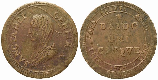 STATO PONTIFICIO. Roma. Pio VI (1775 - 1799). 5 baiocchi 1797, anno XXIII. Cu (g 18,97; mm 32,5).  - Asta Monete e medaglie medievali e moderne italiane ed estere - Associazione Nazionale - Case d'Asta italiane