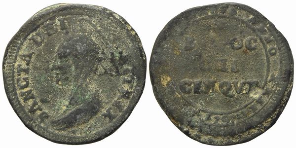 STATO PONTIFICIO. Roma. Pio VI (1775 - 1799). 5 baiocchi 1797.  Cu (14,78 g; 32,29 mm).  - Asta Monete e medaglie medievali e moderne italiane ed estere - Associazione Nazionale - Case d'Asta italiane