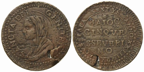 STATO PONTIFICIO. San Severino. Pio VI (1775 - 1799). 5 baiocchi 1797.  Cu (14,96 g; 31,75 mm).  - Asta Monete e medaglie medievali e moderne italiane ed estere - Associazione Nazionale - Case d'Asta italiane