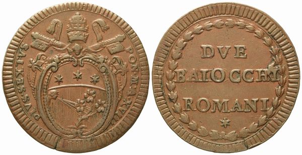 STATO PONTIFICIO. Roma. Pio VI (1775 - 1799). 2 baiocchi anno XVIII. Cu (g 24,67; mm 38,02).  - Asta Monete e medaglie medievali e moderne italiane ed estere - Associazione Nazionale - Case d'Asta italiane