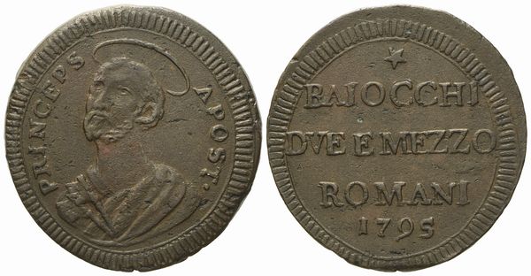 STATO PONTIFICIO. Roma. Pio VI (1775 - 1799). Due baiocchi e mezzo 1795 princeps Apost. Cu (g 17,47; mm 30,5).  - Asta Monete e medaglie medievali e moderne italiane ed estere - Associazione Nazionale - Case d'Asta italiane