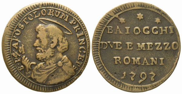 STATO PONTIFICIO. Roma. Pio VI (1775 - 1799). Due baiocchi e mezzo 1797. Cu (g 12,89; mm 30).  - Asta Monete e medaglie medievali e moderne italiane ed estere - Associazione Nazionale - Case d'Asta italiane