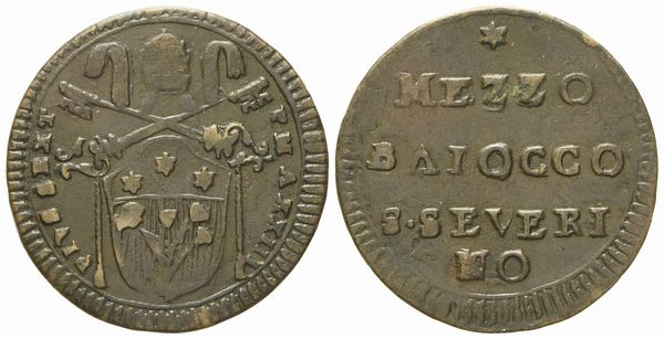 STATO PONTIFICIO. San Severino. Pio VI (1775 - 1799). Mezzo baiocco 1797, anno XXIII. Cu (g 3,65; mm 24).  - Asta Monete e medaglie medievali e moderne italiane ed estere - Associazione Nazionale - Case d'Asta italiane