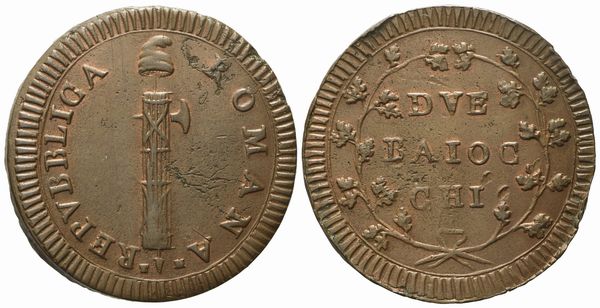 ROMA. Prima Repubblica Romana (1798 - 1799). 2 Baiocchi, senza data (6° tipo; sigle T.M.). Cu (17,22 g; 35,9 mm)  - Asta Monete e medaglie medievali e moderne italiane ed estere - Associazione Nazionale - Case d'Asta italiane