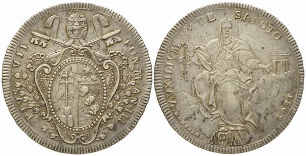 STATO PONTIFICIO. Roma. Pio VII (1800 - 1823). Scudo 1802, anno III. Ag (26,45 g; 41,5 mm)  - Asta Monete e medaglie medievali e moderne italiane ed estere - Associazione Nazionale - Case d'Asta italiane