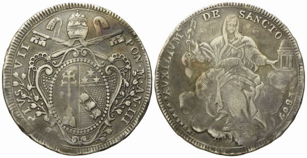 STATO PONTIFICIO. Roma. Pio VII (1800 - 1823). Scudo 1802, anno III. Ag (g 25,84; mm 40,4).  - Asta Monete e medaglie medievali e moderne italiane ed estere - Associazione Nazionale - Case d'Asta italiane