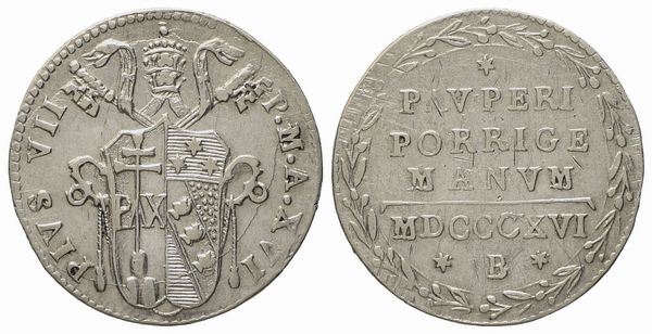 STATO PONTIFICIO. Bologna. Pio VII (1800 - 1823). Grosso, mezzo paolo 1816, anno XVI. Ag (g 1,32; mm 17,8).  - Asta Monete e medaglie medievali e moderne italiane ed estere - Associazione Nazionale - Case d'Asta italiane