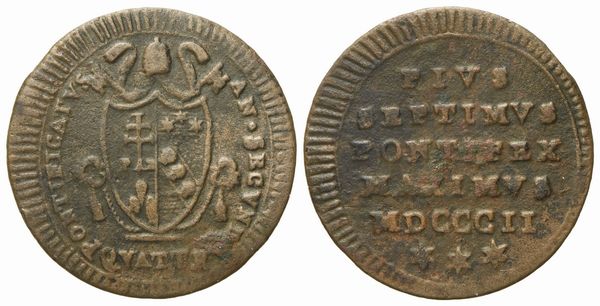 STATO PONTIFICIO. Roma. Pio VII (1800 - 1823). Pio VII (1800 - 1823). Quattrino 1802. Cu (g 2,49; mm 21,7).  - Asta Monete e medaglie medievali e moderne italiane ed estere - Associazione Nazionale - Case d'Asta italiane