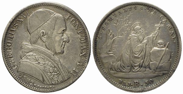 STATO PONTIFICIO. Bologna. Gregorio XVI (1831-1846). Mezzo scudo da 50 baiocchi 1832. Ag (13,13 g; 31,4 mm)  - Asta Monete e medaglie medievali e moderne italiane ed estere - Associazione Nazionale - Case d'Asta italiane