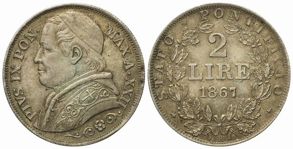 STATO PONTIFICIO. Roma. Pio IX (1846 - 1870). 2 lire 1867, anno XXII. Ag (10 g; 27,79 mm).  - Asta Monete e medaglie medievali e moderne italiane ed estere - Associazione Nazionale - Case d'Asta italiane