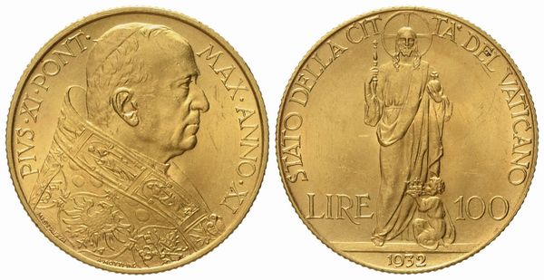 VATICANO. Pio XI (1922-1938). 100 lire 1932. Au (8,82 g; 23,5 mm)  - Asta Monete e medaglie medievali e moderne italiane ed estere - Associazione Nazionale - Case d'Asta italiane