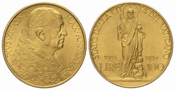 VATICANO. Pio XI (1929-1938). 100 lire 1933 1934 Giubileo. Au (8,78 g; 23,4 mm)  - Asta Monete e medaglie medievali e moderne italiane ed estere - Associazione Nazionale - Case d'Asta italiane