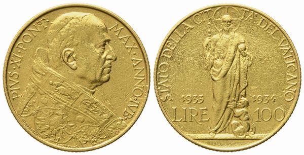 VATICANO. Pio XI (1922-1939). 100 lire 1933-1934 Giubileo. Au (8,74 g; 23,3 mm)  - Asta Monete e medaglie medievali e moderne italiane ed estere - Associazione Nazionale - Case d'Asta italiane