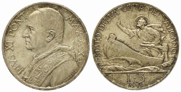 VATICANO. Pio XI (1929-1938). 5 lire 1931 anno X. Ag (5,04 g; 22,9 mm)  - Asta Monete e medaglie medievali e moderne italiane ed estere - Associazione Nazionale - Case d'Asta italiane