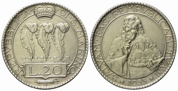 SAN MARINO. Vecchia monetazione (1864 - 1938). 20 Lire 1933. Ag (14,98 g; 35,3 mm).  - Asta Monete e medaglie medievali e moderne italiane ed estere - Associazione Nazionale - Case d'Asta italiane