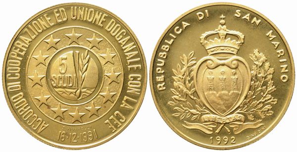 SAN MARINO. 5 scudi 1992. Au 916,66 (16,96 g)  - Asta Monete e medaglie medievali e moderne italiane ed estere - Associazione Nazionale - Case d'Asta italiane