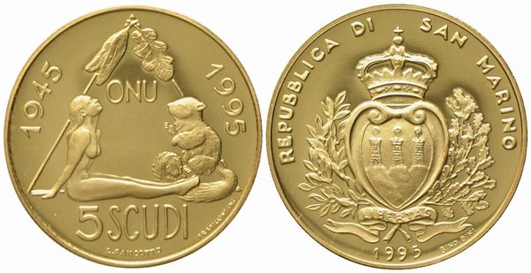 SAN MARINO. 5 scudi 1995. Au 916,66 (16,96 g)  - Asta Monete e medaglie medievali e moderne italiane ed estere - Associazione Nazionale - Case d'Asta italiane