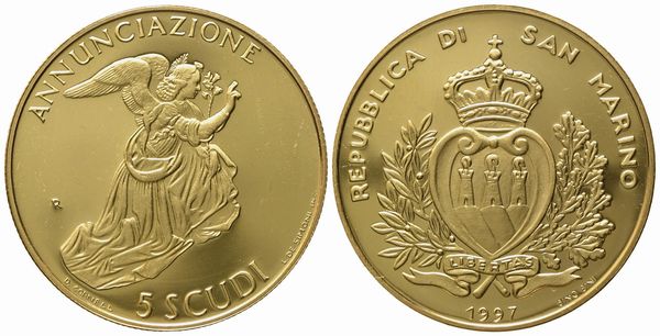 SAN MARINO. 5 scudi 1997. Au 916,66 (16,96 g)  - Asta Monete e medaglie medievali e moderne italiane ed estere - Associazione Nazionale - Case d'Asta italiane