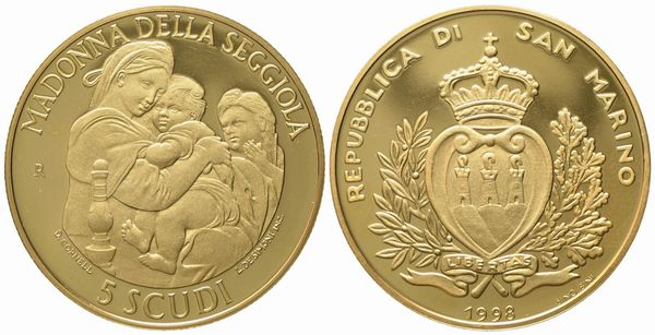 SAN MARINO. 5 scudi 1998. Au 916,66 (16,96 g)  - Asta Monete e medaglie medievali e moderne italiane ed estere - Associazione Nazionale - Case d'Asta italiane