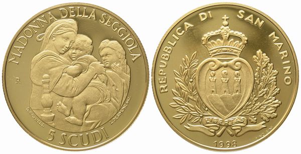 SAN MARINO. 5 scudi 1998. Au 916,66 (16,96 g)  - Asta Monete e medaglie medievali e moderne italiane ed estere - Associazione Nazionale - Case d'Asta italiane