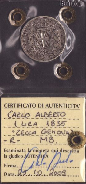 REGNO DI SARDEGNA. Genova. Carlo Alberto (1831-1849) 1 lira 1835. Ag  - Asta Monete e medaglie medievali e moderne italiane ed estere - Associazione Nazionale - Case d'Asta italiane