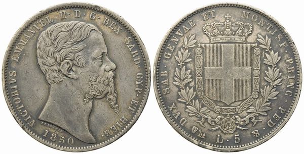 REGNO DI SARDEGNA. Genova. Vittorio Emanuele II (1849-1861). 5 Lire 1850. Ag (37,40 mm; 24,94 g)  - Asta Monete e medaglie medievali e moderne italiane ed estere - Associazione Nazionale - Case d'Asta italiane