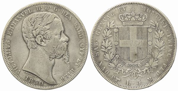 REGNO DI SARDEGNA. Torino. Vittorio Emanuele II (1849-1861). 5 Lire 1850. Ag (24,94 g; 37,40 mm)  - Asta Monete e medaglie medievali e moderne italiane ed estere - Associazione Nazionale - Case d'Asta italiane