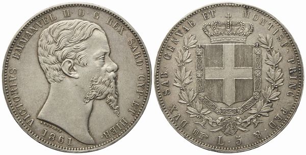 REGNO DI SARDEGNA. Torino. Vittorio Emanuele II (1849-1861). 5 Lire 1861. Ag (25 g; 37 mm)  - Asta Monete e medaglie medievali e moderne italiane ed estere - Associazione Nazionale - Case d'Asta italiane